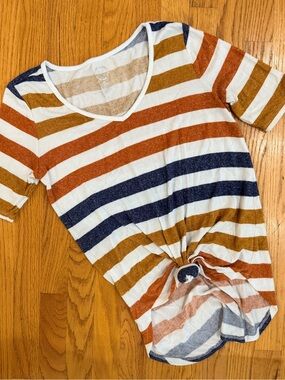 24/7 by Maurices Striped V-Neck Knit Top in White, Rust, Navy & Mustard